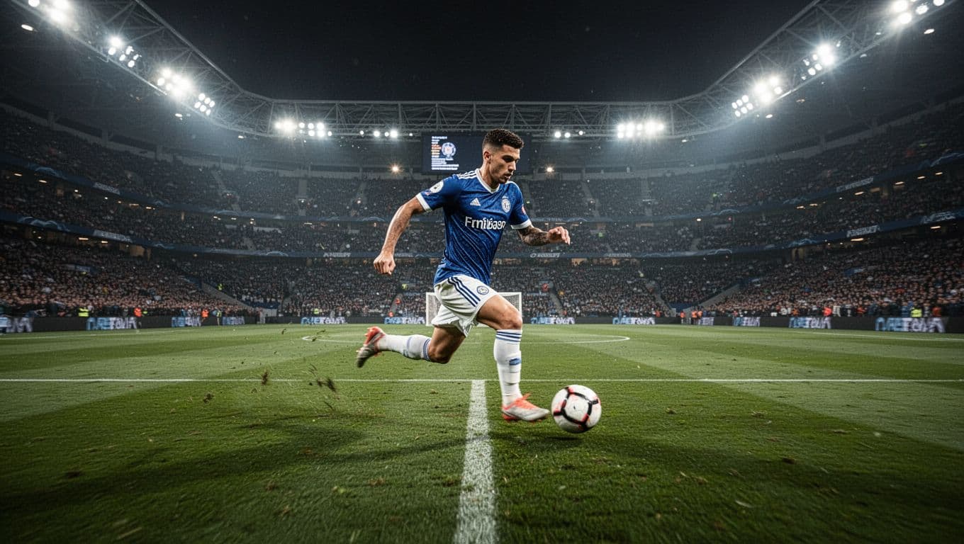 A skilled athlete sprints across a vibrant green pitch while dribbling a soccer ball during an intense match. Bright stadium floodlights illuminate the grass, casting soft shadows during the night game.