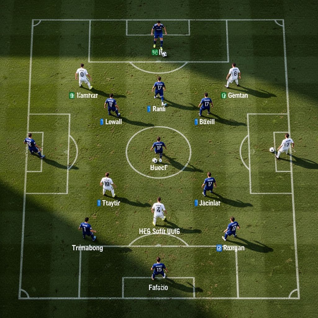 A top-down view of a professional soccer tactics board showing player positions on a field map.