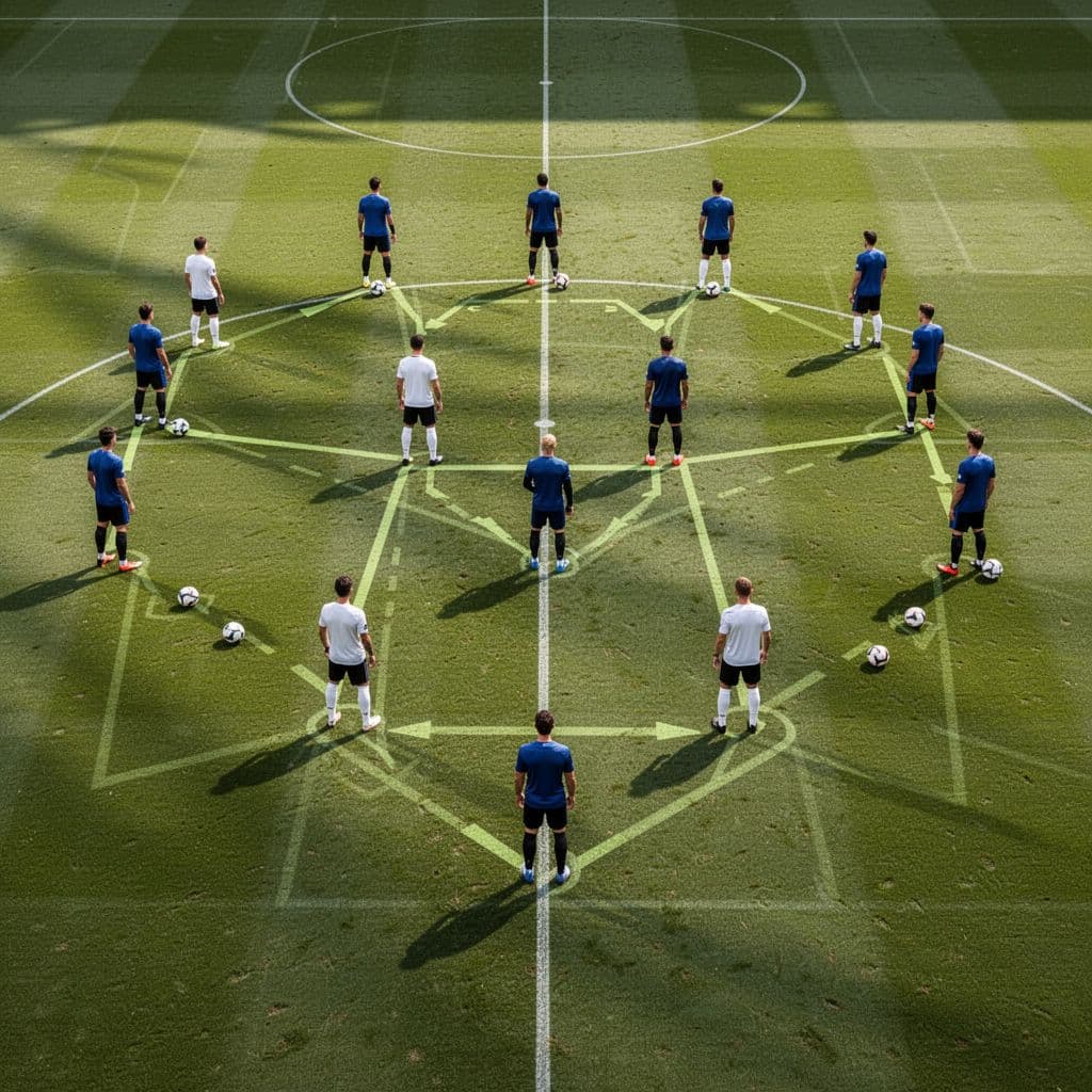 Eleven players in vibrant jerseys move across a pristine green pitch during a daytime drill. The overhead perspective highlights their strategic formation and spacing across the vast grass field surface.