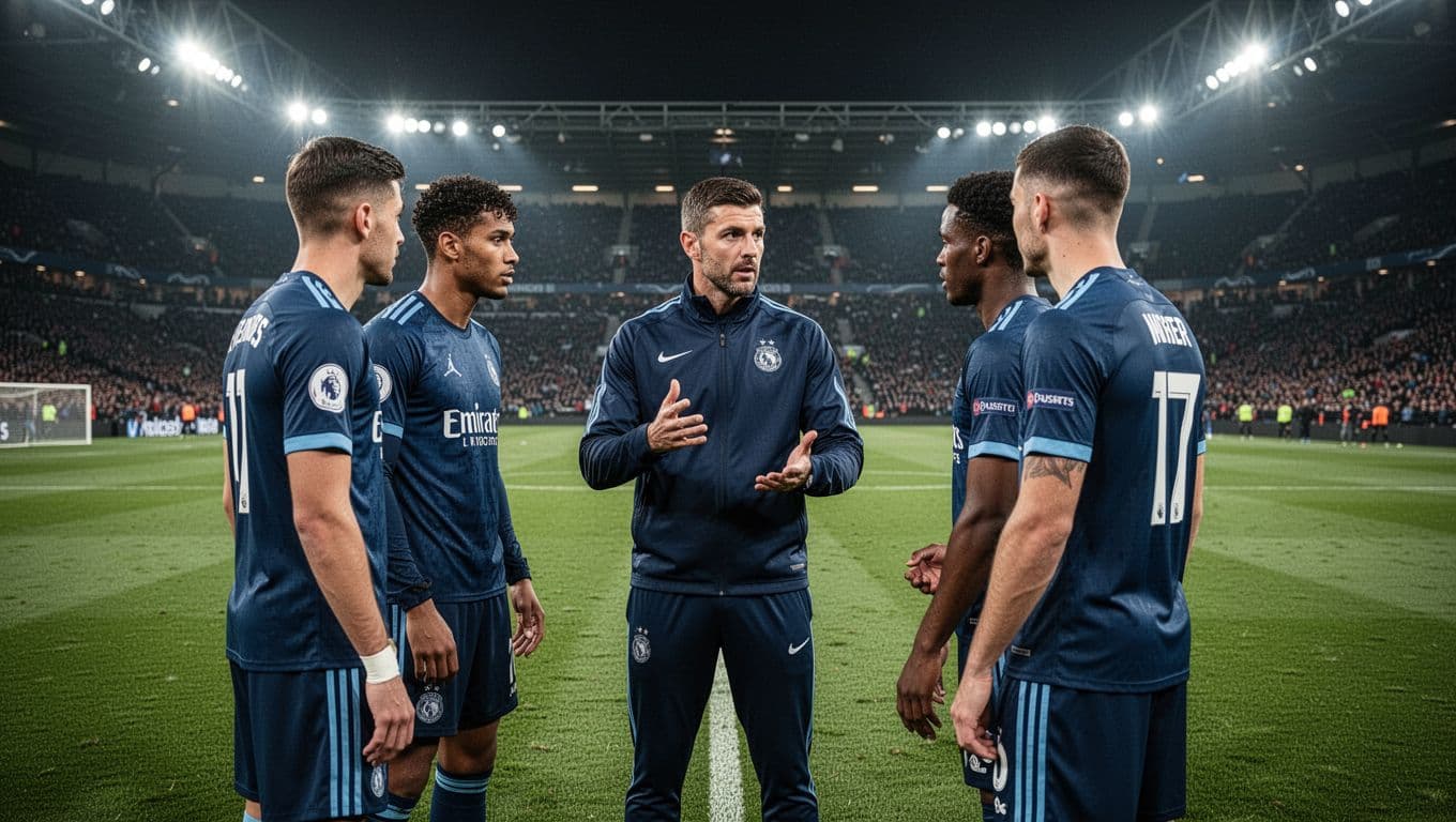A head coach gestures toward a tactical whiteboard while surrounded by attentive players in colorful jerseys. The professional squad gathers on a lush stadium pitch under bright, cinematic evening floodlights.