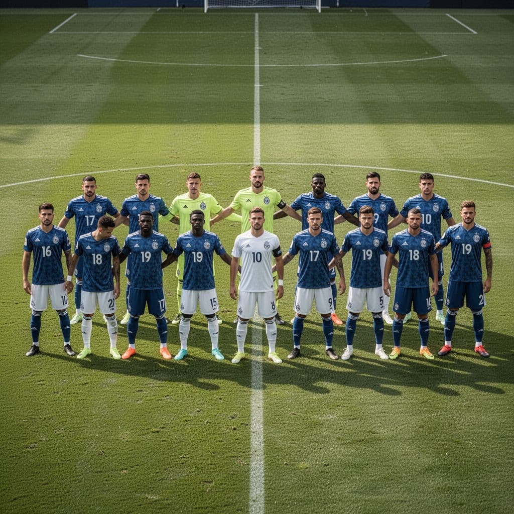 A professional soccer team stands in a tactical formation on a green grass pitch.