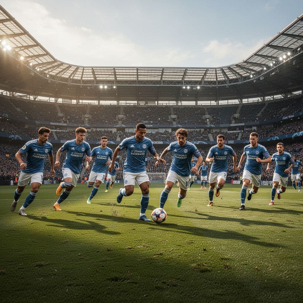 Professional soccer team on green field in majestic stadium under afternoon sunlight.