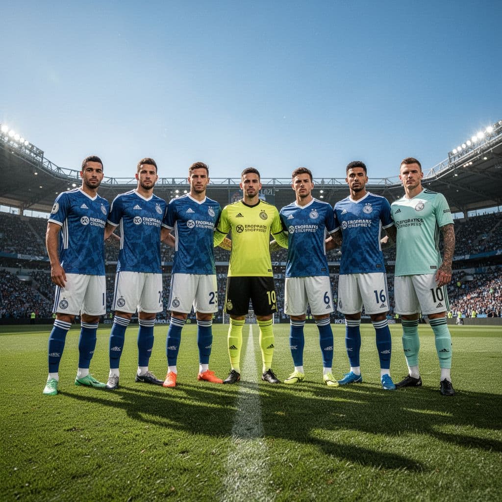 A group of professional soccer players stands together on a bright green stadium pitch under a blue sky.