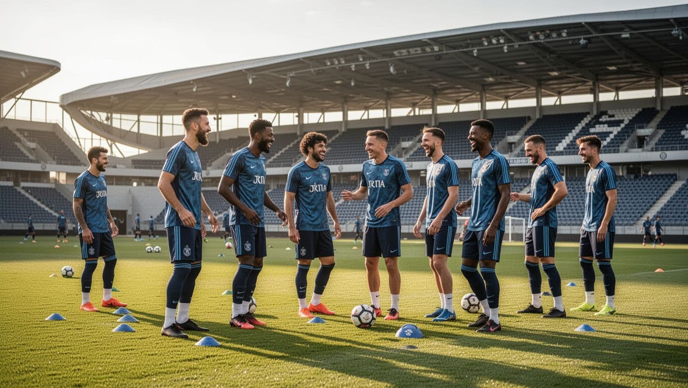 Group of professional soccer players jogging across a lush green pitch during an evening practice. A large modern stadium stands under the warm golden glow of the setting afternoon sun.