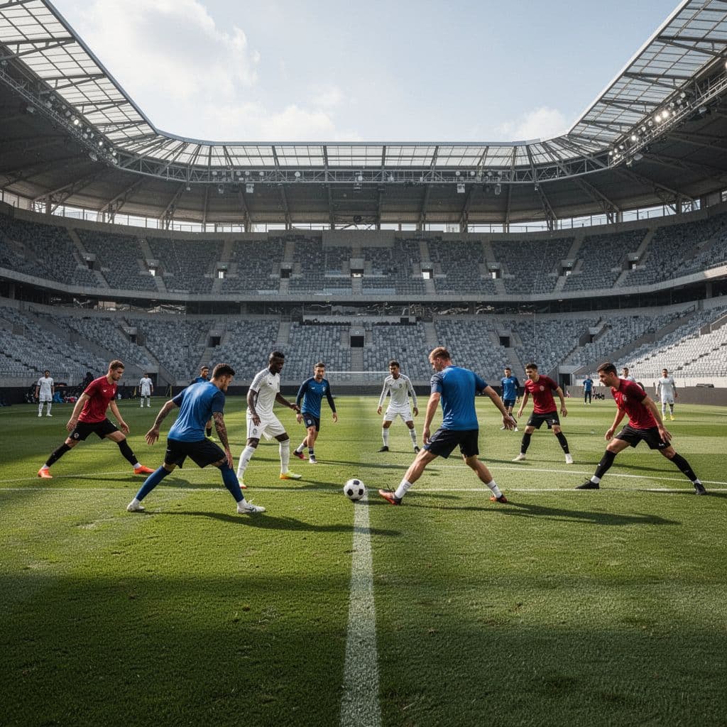 Dua tim sepak bola profesional menjalani pemanasan di stadion modern dengan lapangan hijau luas dan pencahayaan terang.