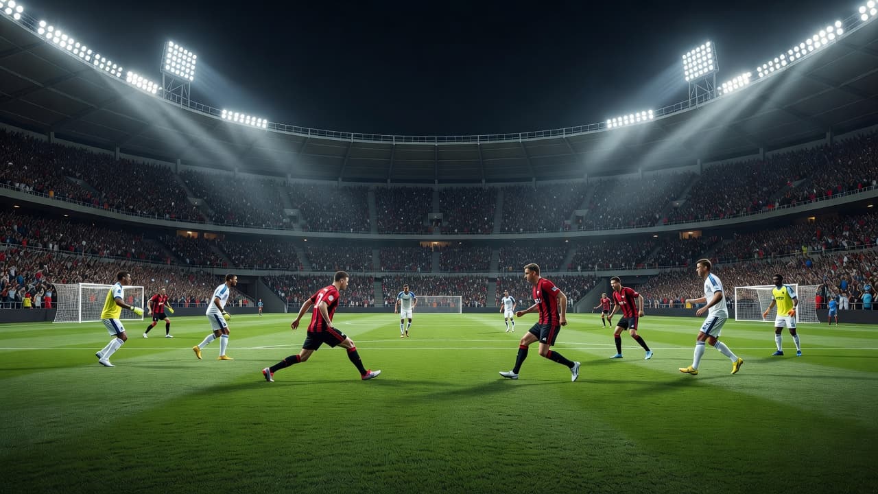 Players in colorful jerseys stretch on the pristine green grass of a massive stadium. The towering tiers of the arena glow under bright floodlights, highlighting the intense anticipation before the match.