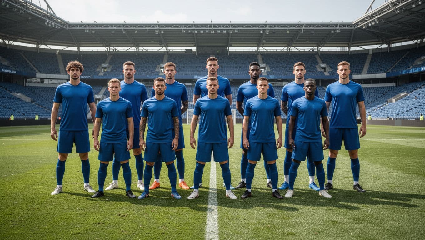 Eleven PSBS Biak Numfor players in blue jerseys posed in 4-3-3 formation on green soccer field with stadium stands behind.