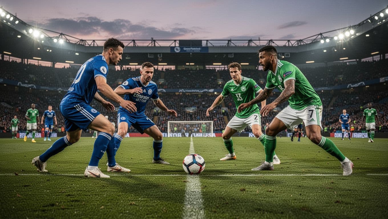 Two PSBS players in blue jerseys defend against two Arema players in green jerseys on a stadium field at dusk, ball in midfield.