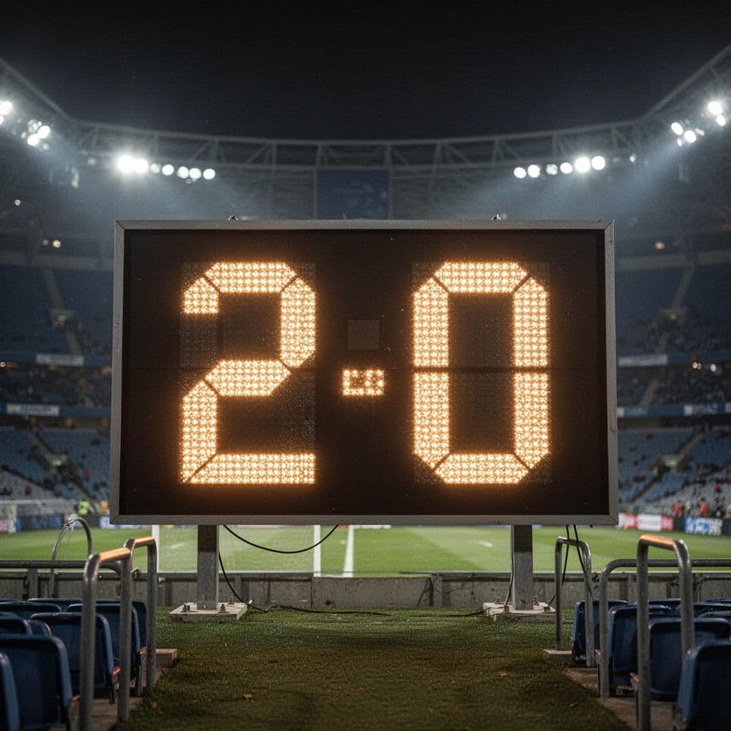 Close-up of nighttime soccer scoreboard showing PSG 2-0 Lens with blurred stadium lights behind.