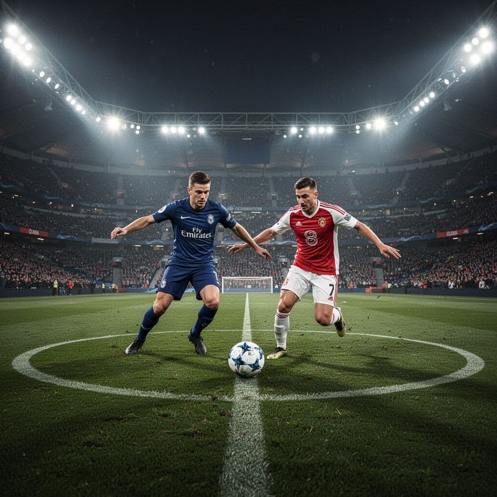 Two soccer players in opposing blue and red-white kits compete for control of the ball inside a vibrant, illuminated stadium circle. The action highlights a high-stakes tactical midfield battle.