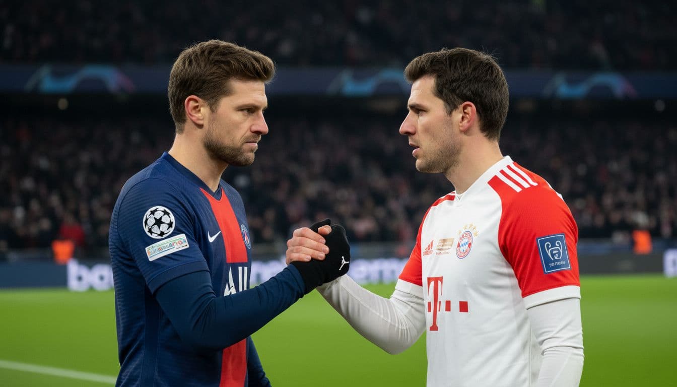 Close-up of PSG and Bayern captains shaking hands tensely under night stadium lights, blurred crowd behind.