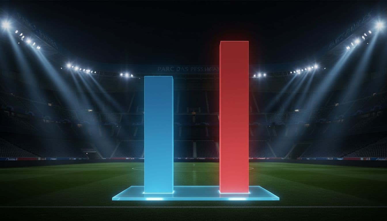 Two vertical bars compare average goals per match, blue for PSG and red for Bayern, on Parc des Princes stadium night background.