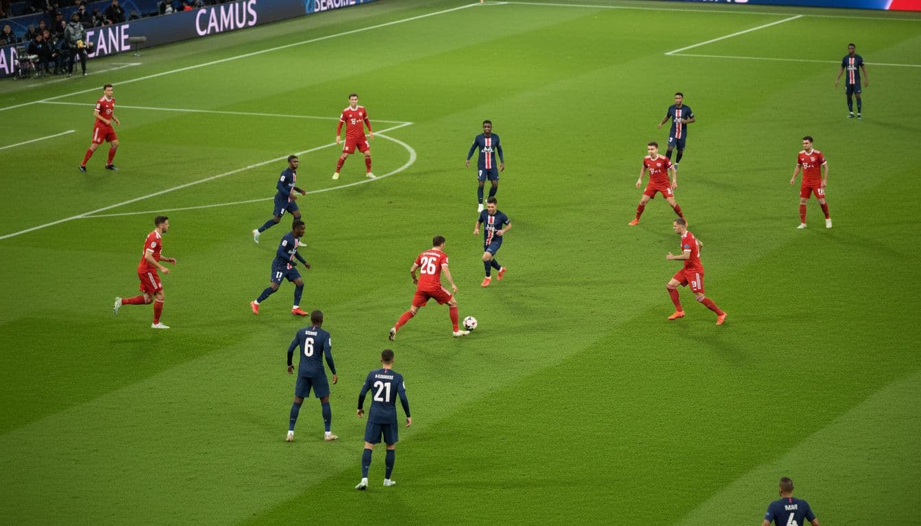 PSG in blue jerseys circulate ball with quick passes against pressing Bayern in red on night Parc des Princes pitch.