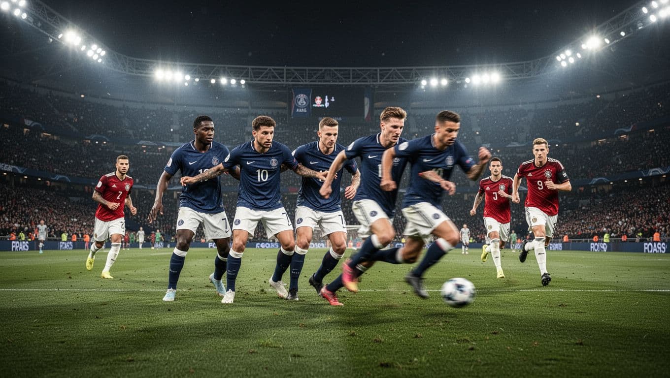 From behind PSG defense, three blue-jerseyed players form compact block as Kvaratskhelia and Dembele sprint forward past midfield, two Bayern red jerseys chasing in Allianz Arena night lights.