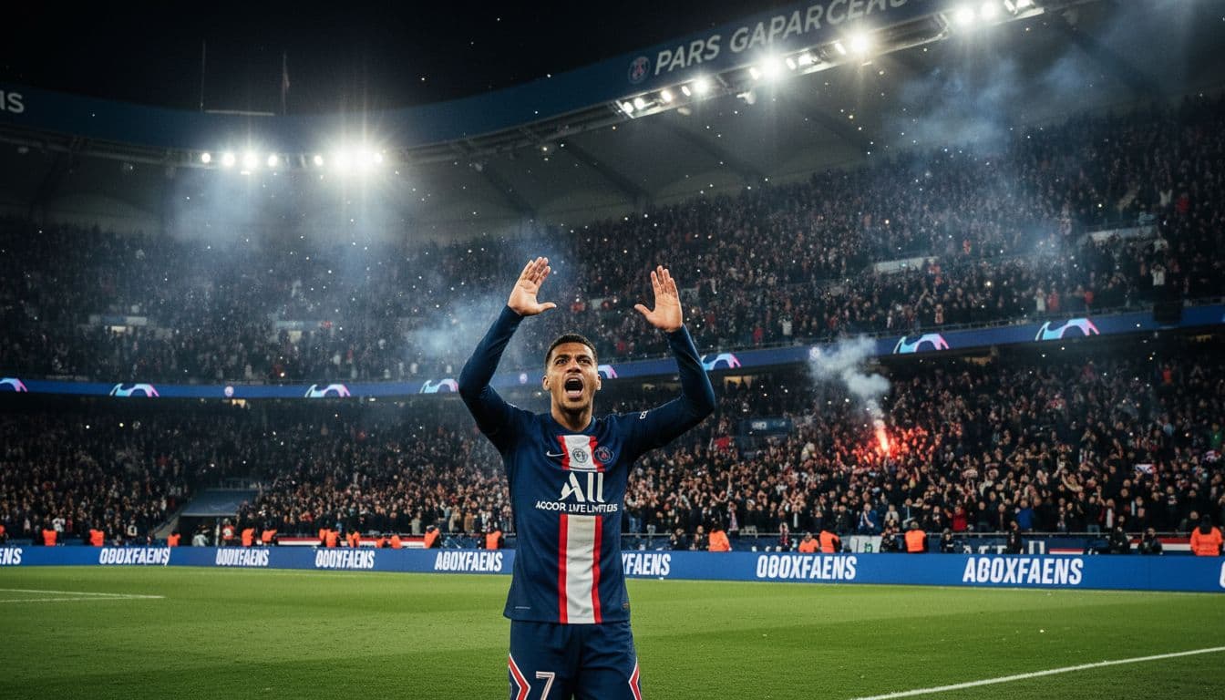 PSG fans cheer in Parc des Princes at night as one player raises both hands on the pitch amid spotlights.