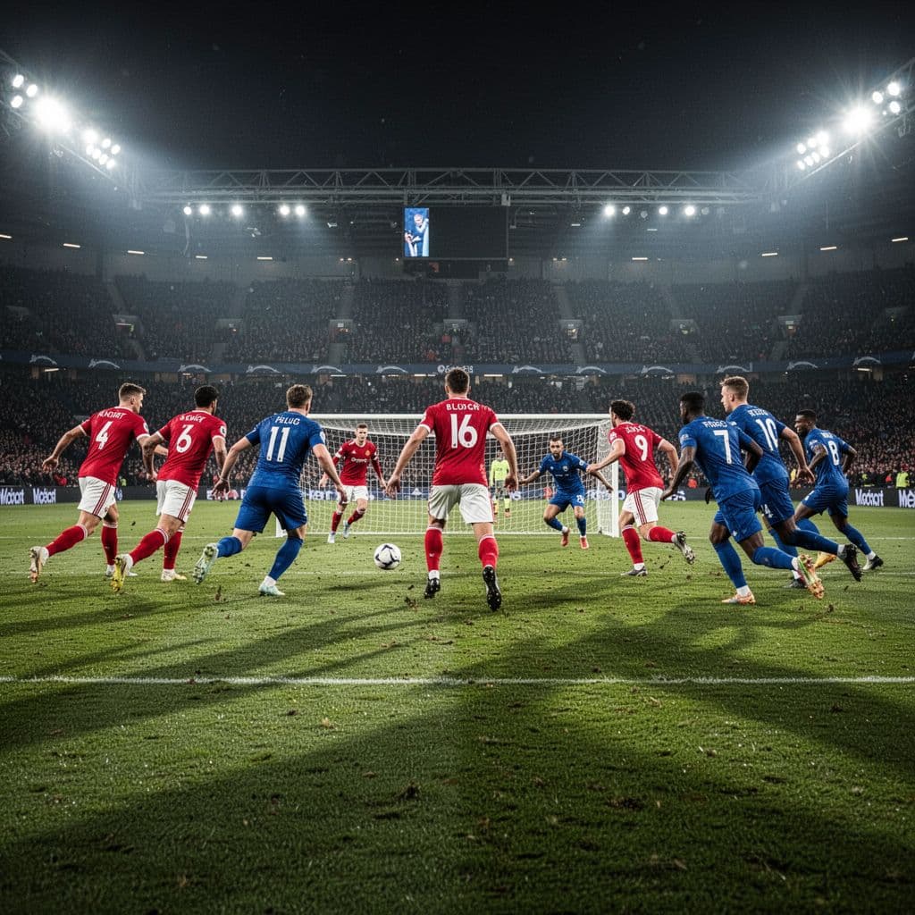 PSG players move the ball toward the goal on a lit professional football stadium pitch.