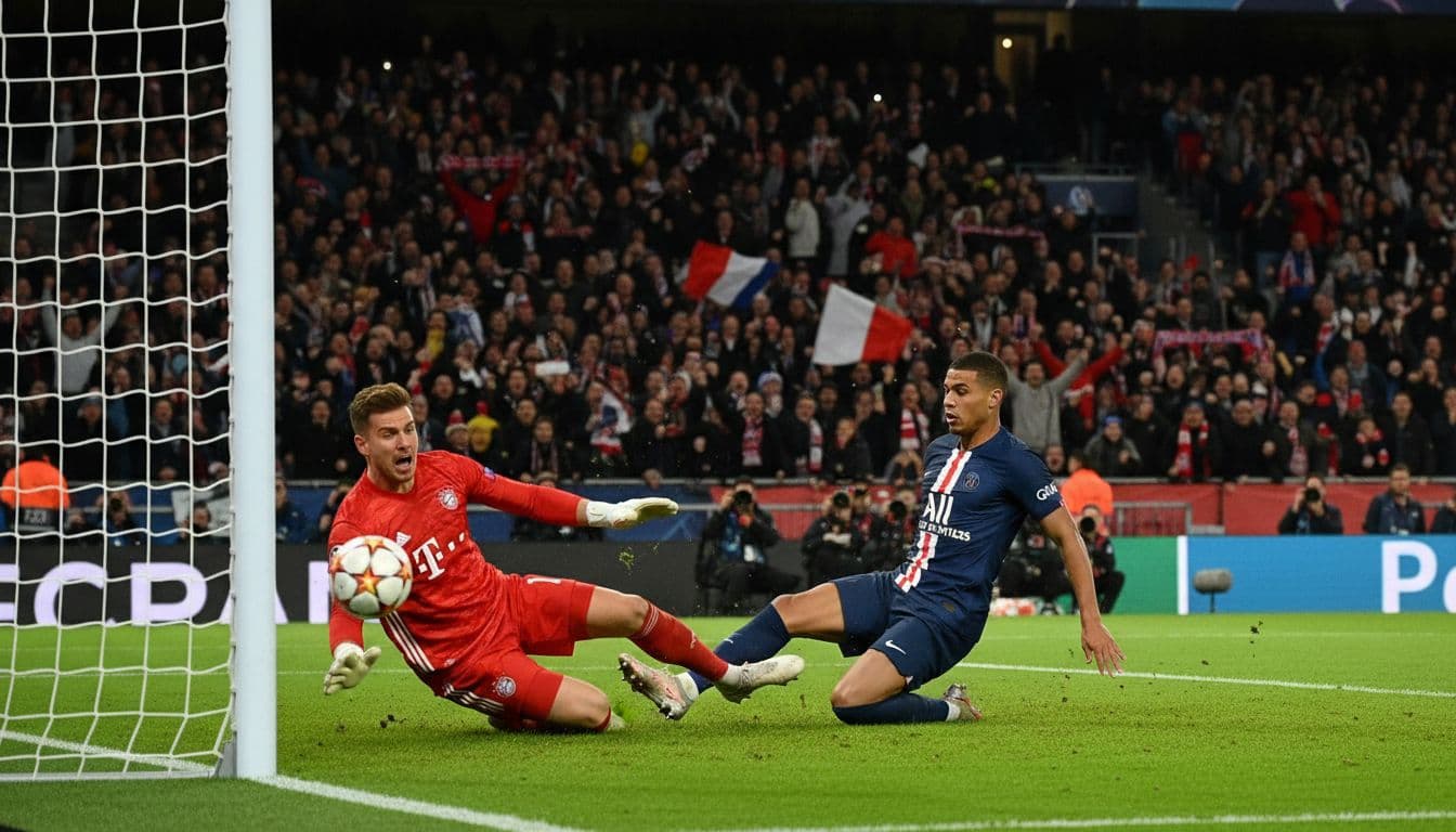 PSG player scores close-range goal past Bayern goalkeeper at Parc des Princes night match, crowd cheers under stadium lights.