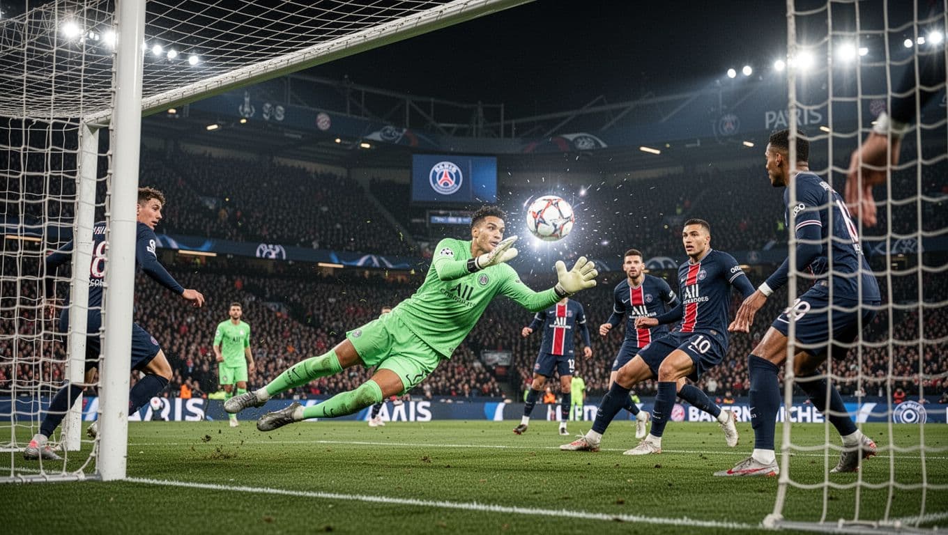 PSG goalkeeper dives to block Bayern Munich shot in penalty box, goal net and night stadium crowd in background.