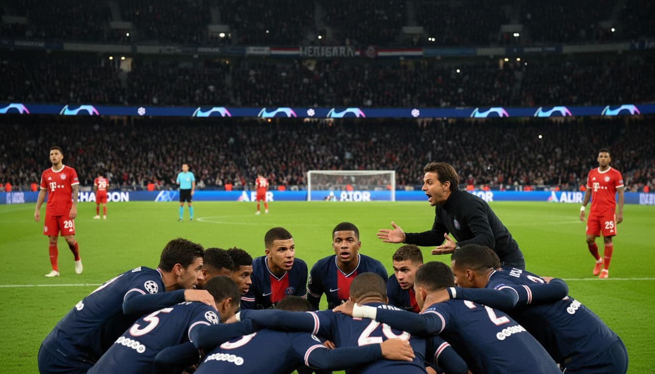 Eight PSG players and coach huddle with focused expressions during night Champions League match against Bayern at Allianz Arena, stadium lights bright, crowd blurred.