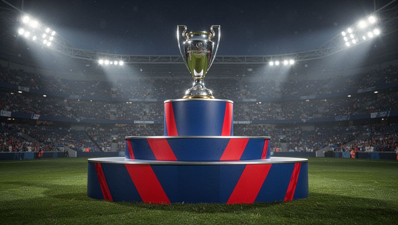 Podium chart shows PSG leading Ligue 1 over Lens and Lille with trophy at peak under stadium lights.
