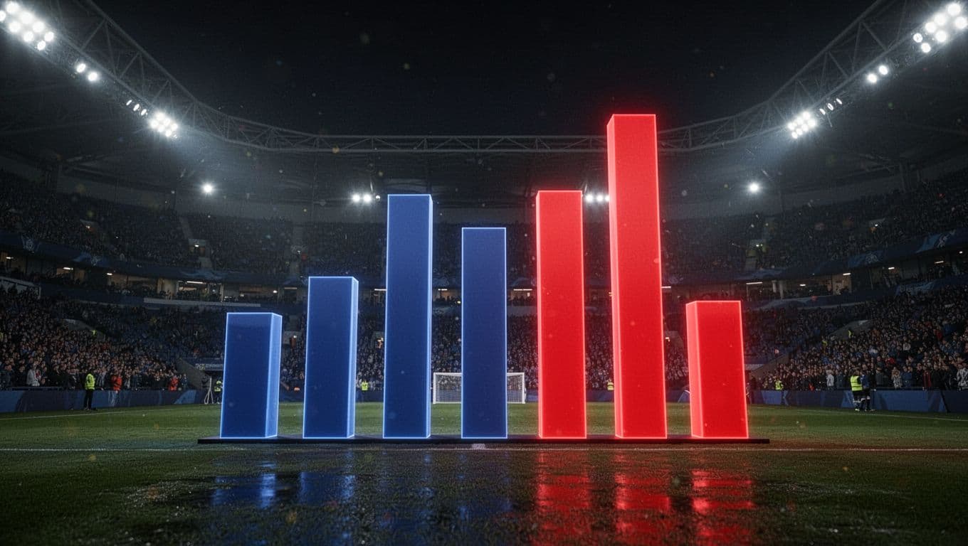 Bar chart displaying PSG's 65 goals, shots on target, and opportunities created on night stadium background.