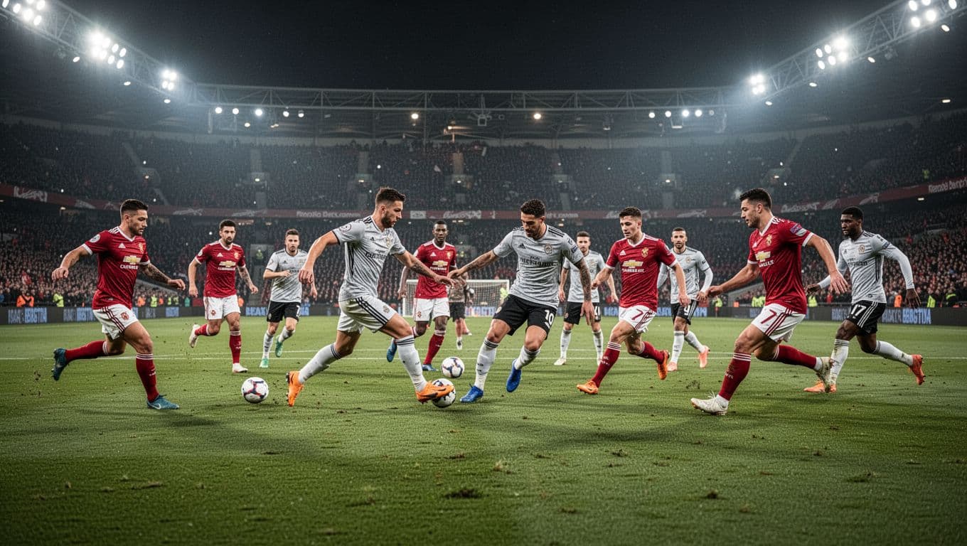 Eleven PSG players pass and attack on green pitch under stadium lights.