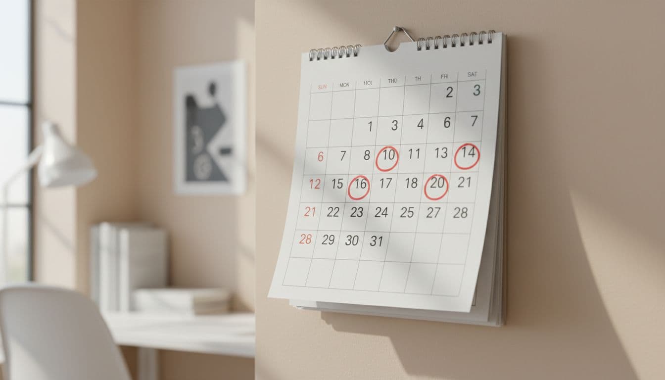 Close-up angled view of wall calendar in home office, pages flipped to current month with marked Paris Saint-Germain match dates.