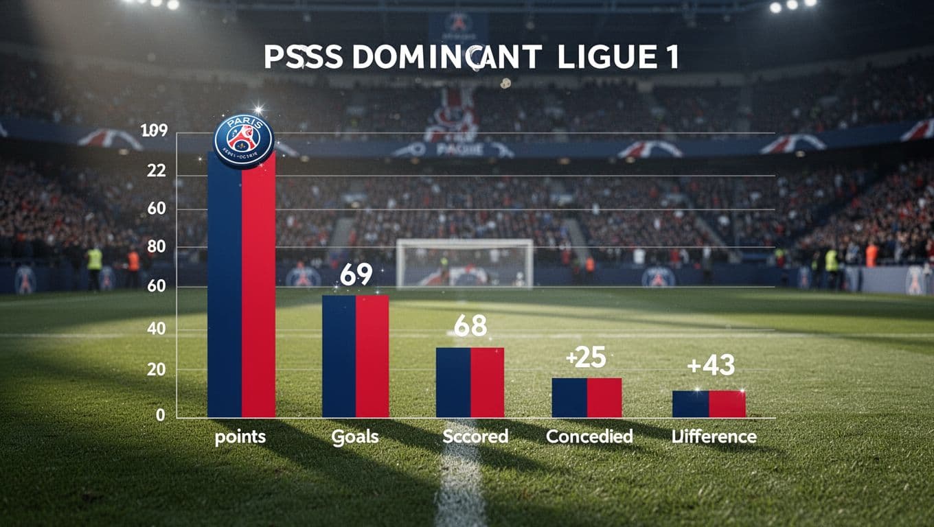 Bar chart with PSG's tallest bars for points and wins over rivals' shorter ones, soccer stadium crowd background in blue and red.