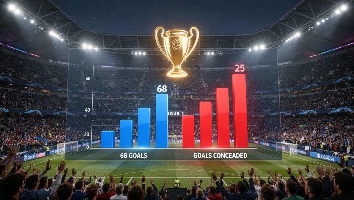 Bar chart dengan gol PSG yang tinggi, kebobolan yang rendah, dan selisih gol positif di stadion penuh.