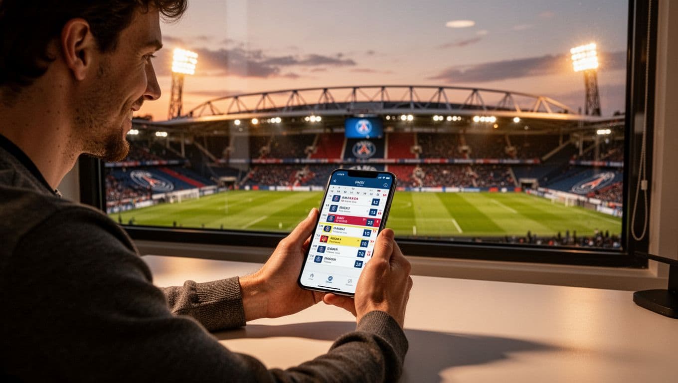Fan at desk checks PSG soccer schedule on phone amid modern stadium view in warm night light.