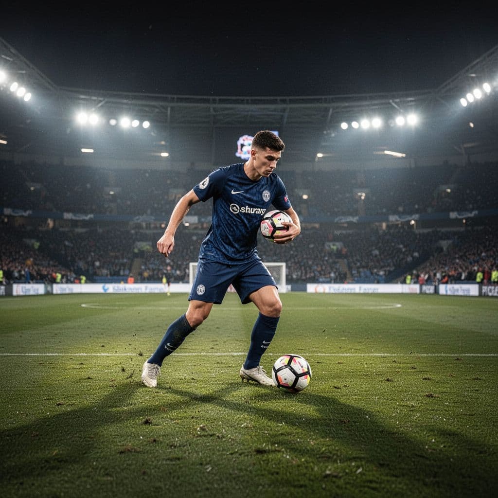 PSG player in dark blue jersey controls and passes ball on lit night soccer field from sideline view.