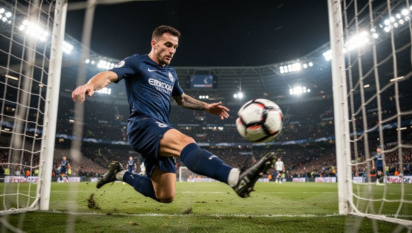 Soccer player in dark blue kit kicks ball into goal under vibrant stadium lights at night.