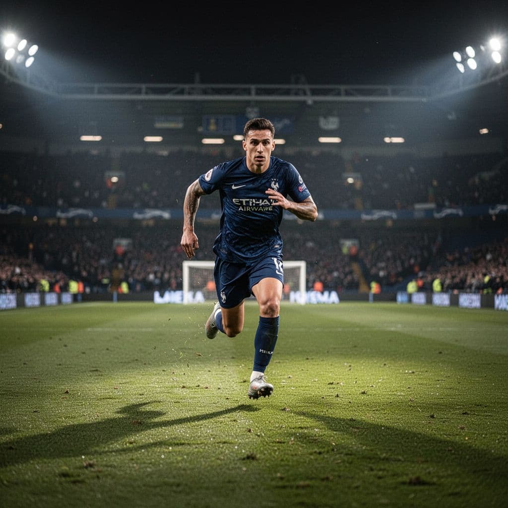 Dark blue uniformed soccer player runs athletically on lit grass field at night, blurred crowd background.