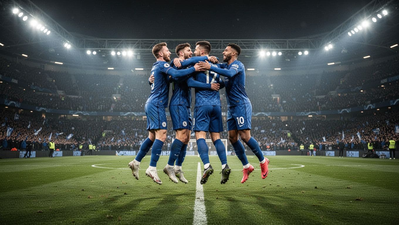 Five PSG players in blue away kits jump and hug on green field in night stadium with spotlights.