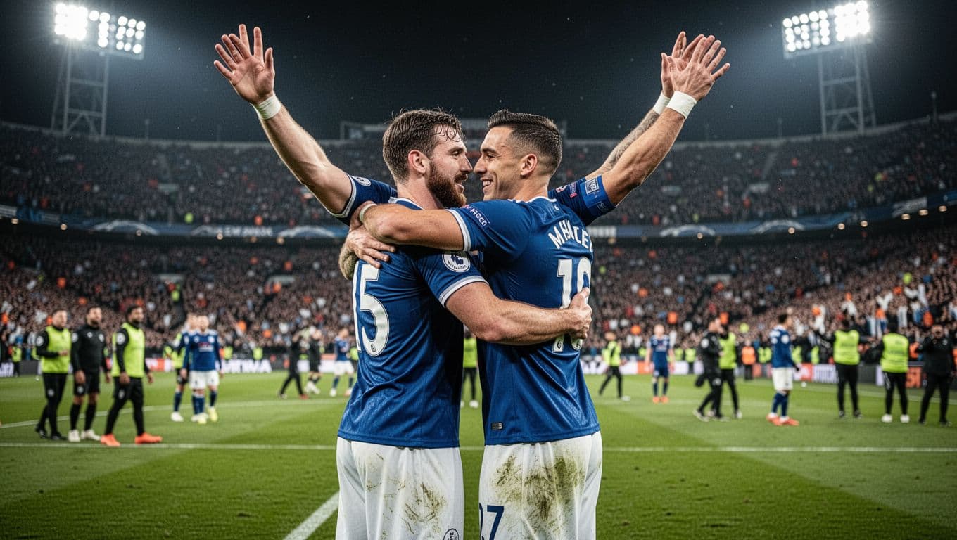 Two PSG players hug with arms raised under stadium floodlights, blurred crowd in background.