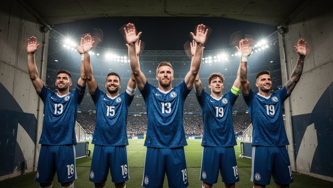 Five PSG players in blue jerseys raise arms high in stadium tunnel, excited expressions under night lights.