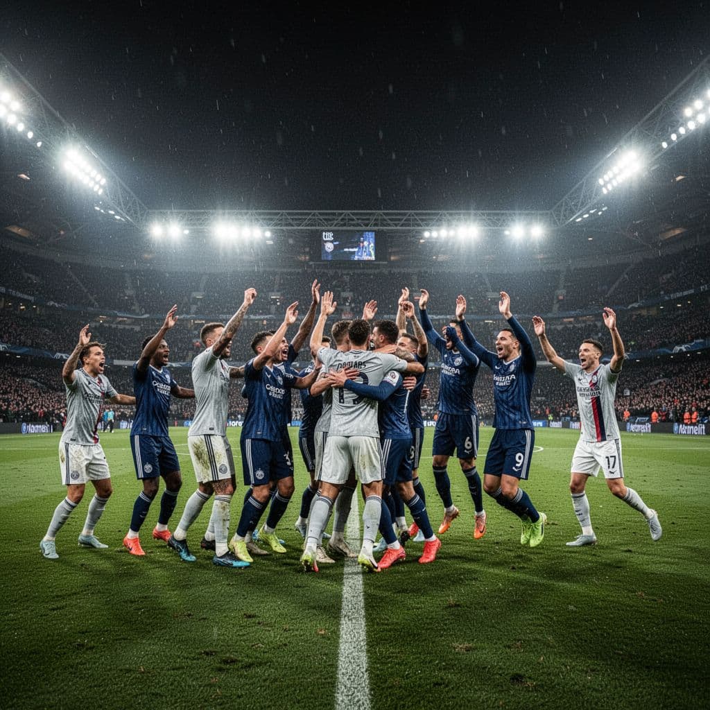 Paris Saint-Germain football players celebrate a hard-fought victory on the pitch under illuminated stadium floodlights.