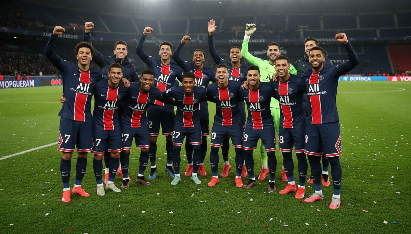 Eleven PSG players group huddle on Parc des Princes pitch under night floodlights, arms raised confidently.
