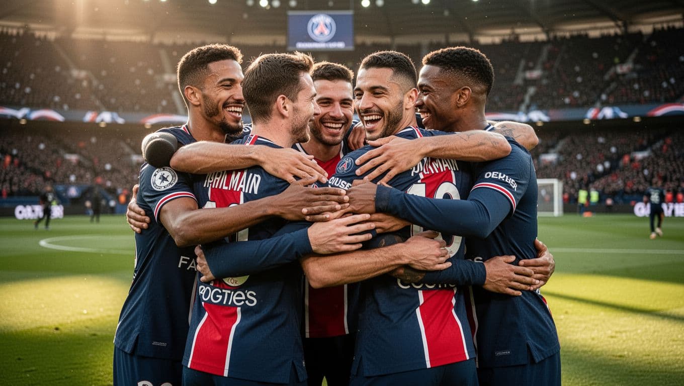 Four to five PSG players in blue-red jerseys hug joyfully on the soccer field, with blurred stadium fans in the background under warm evening light.