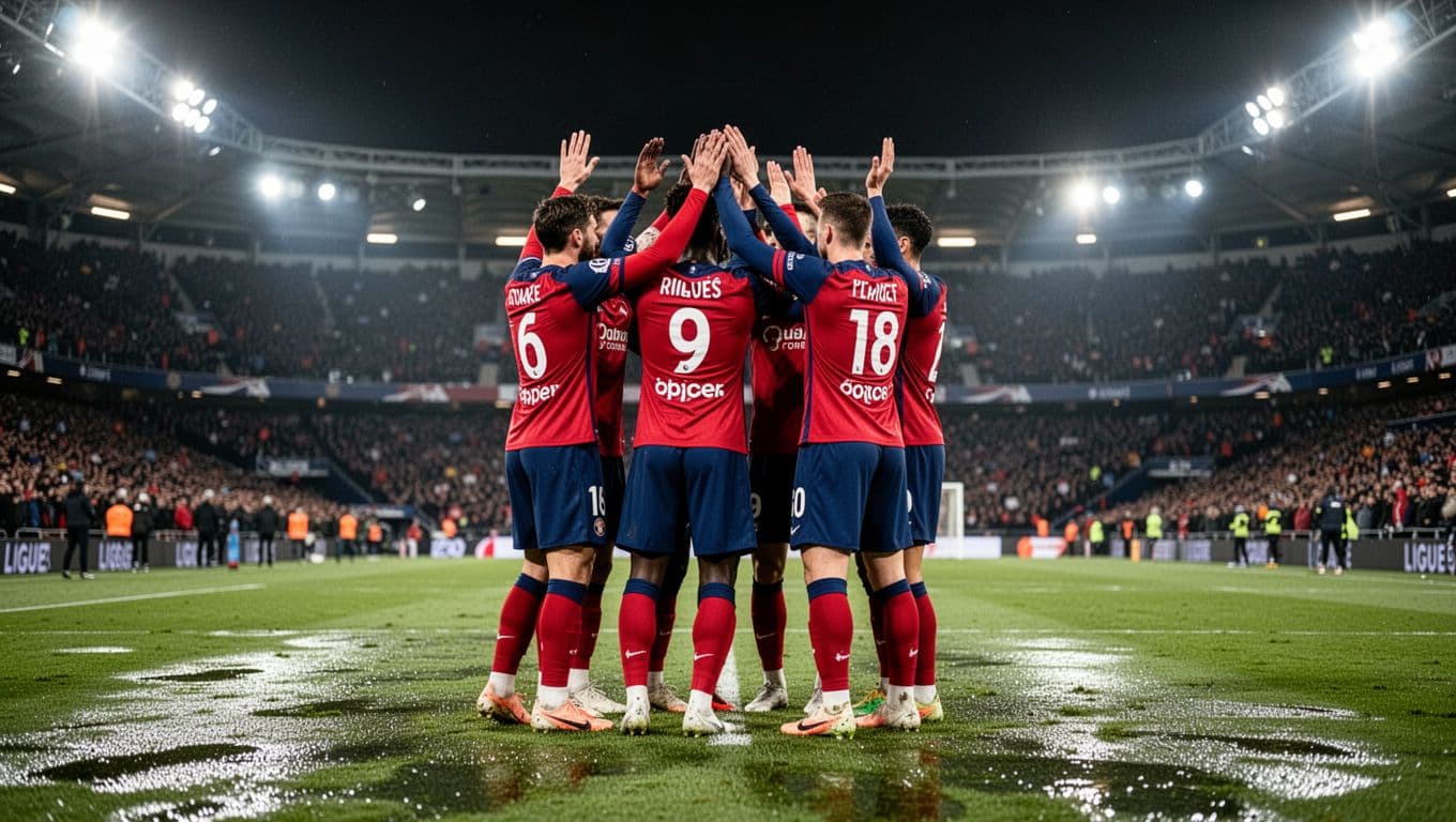 Four PSG players in red-blue jerseys huddle with arms raised on Parc des Princes pitch at night.