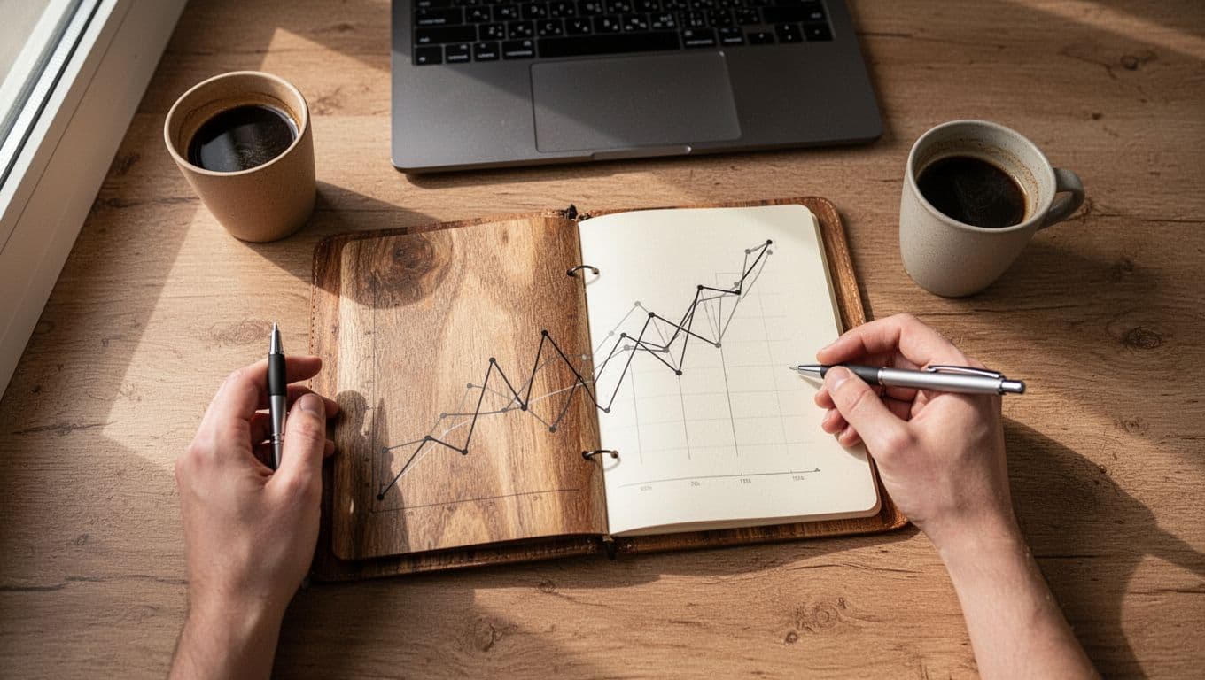 Overhead view of wooden desk with open notebook showing abstract line graph of PSG football results, pen, coffee cup nearby, and closed laptop behind.