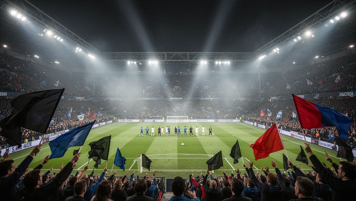 Crowded PSG stadium at night with stands full of fans waving black-blue-red flags and players training on bright green field.