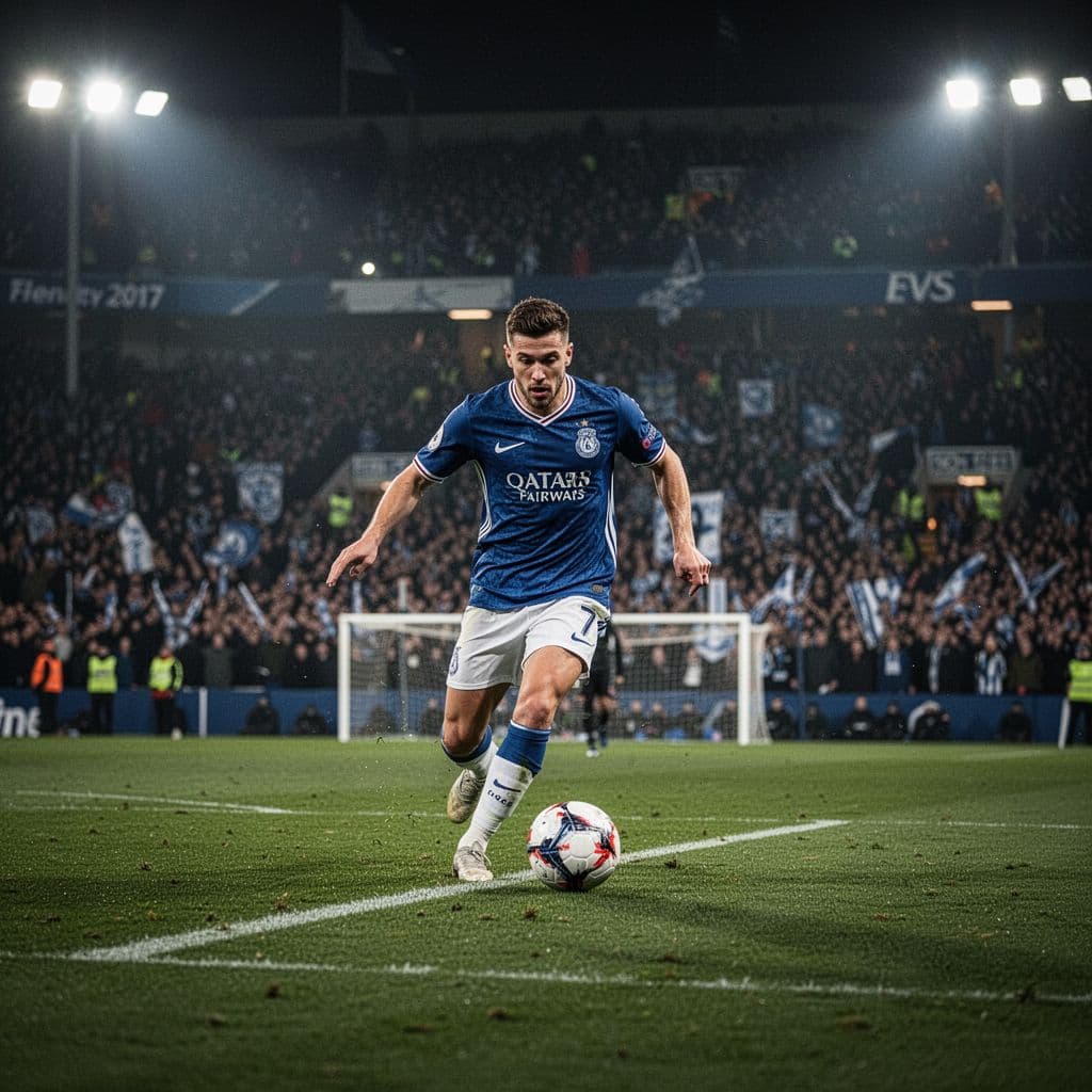 A talented forward maneuvers the ball through the penalty area under bright stadium floodlights. The surrounding arena is filled with spectators, creating a high-energy atmosphere during this intense night match.