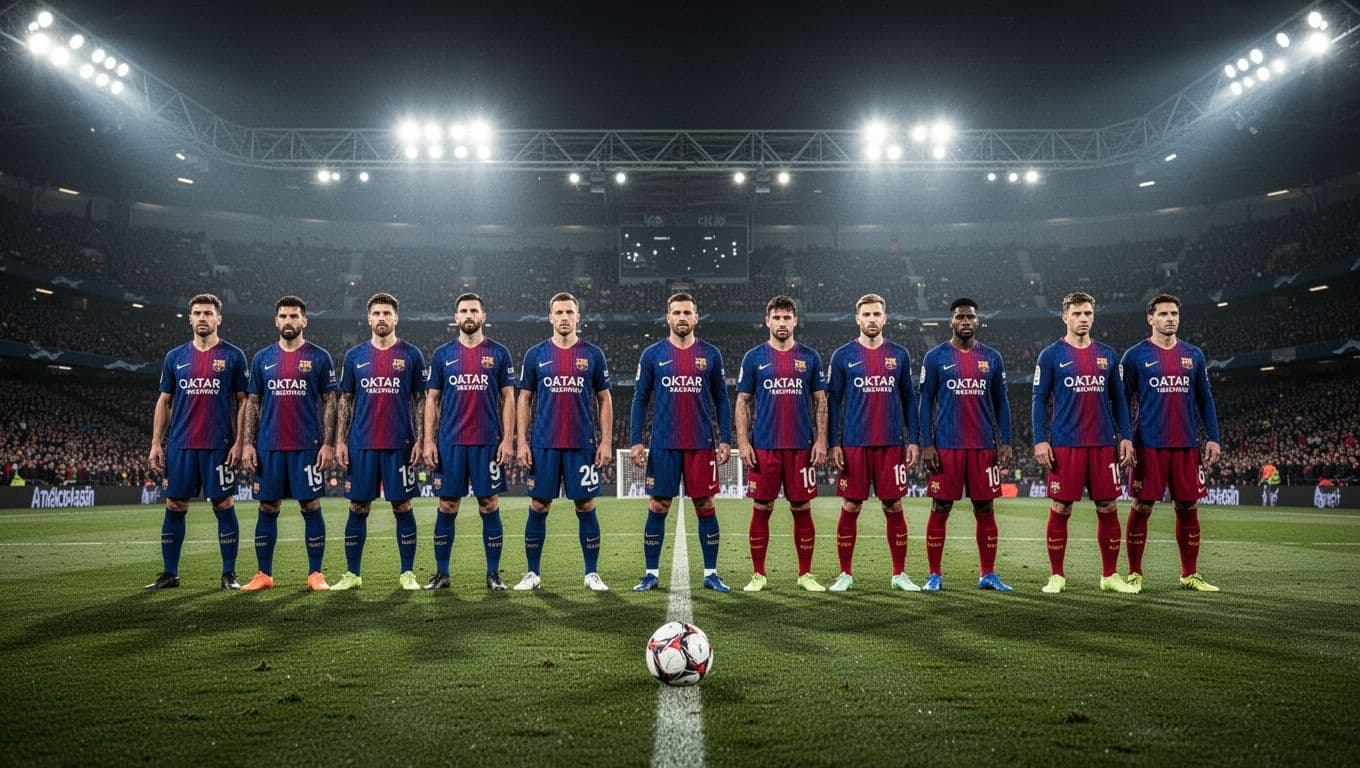 A football squad in blue and red jerseys stands in a rigid tactical formation on a vibrant green pitch. A single ball rests on the grass under bright stadium floodlights.