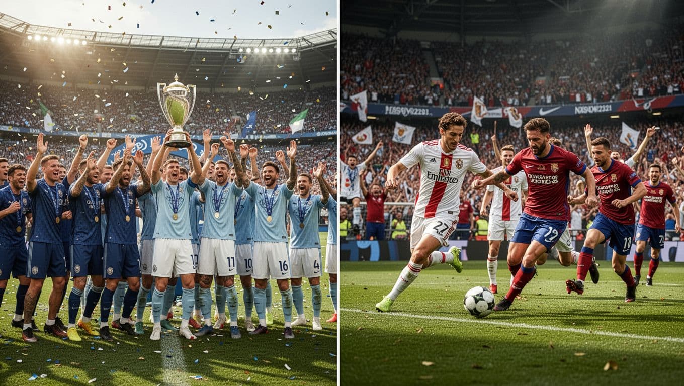 Split image with PSG lifting trophy amid excited fans on left, tight race against Lens on right in stadium.