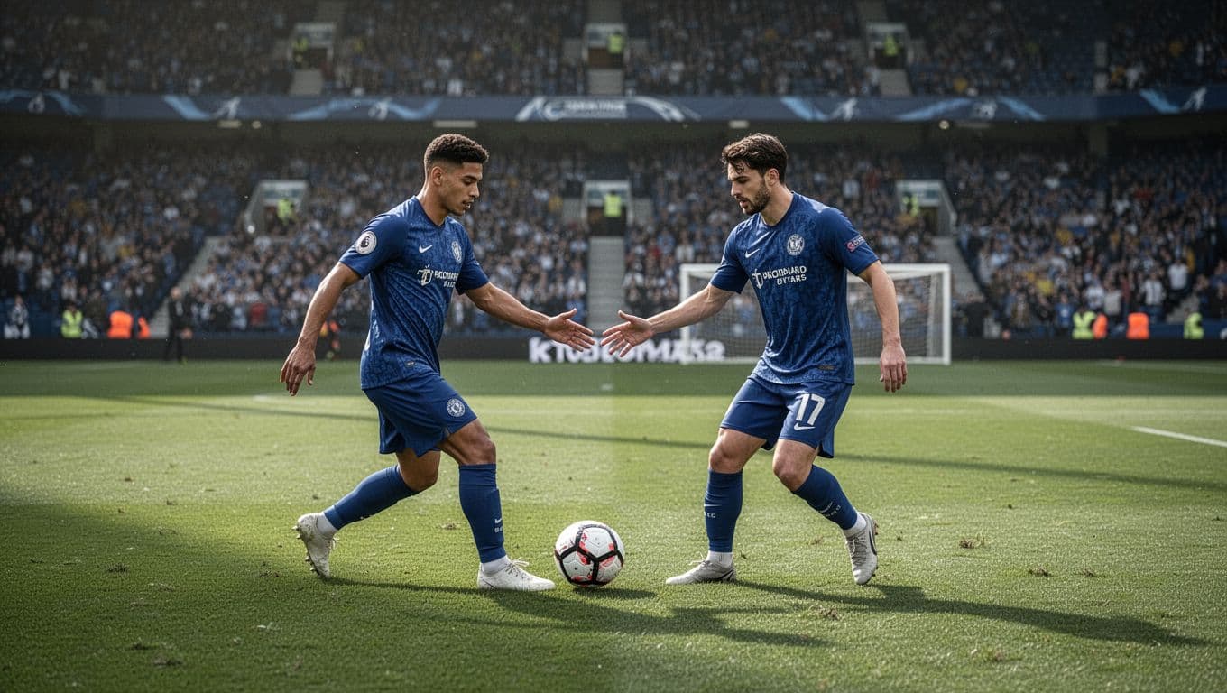 Vitinha and Hakimi in blue jerseys pass ball on green field with stadium background.
