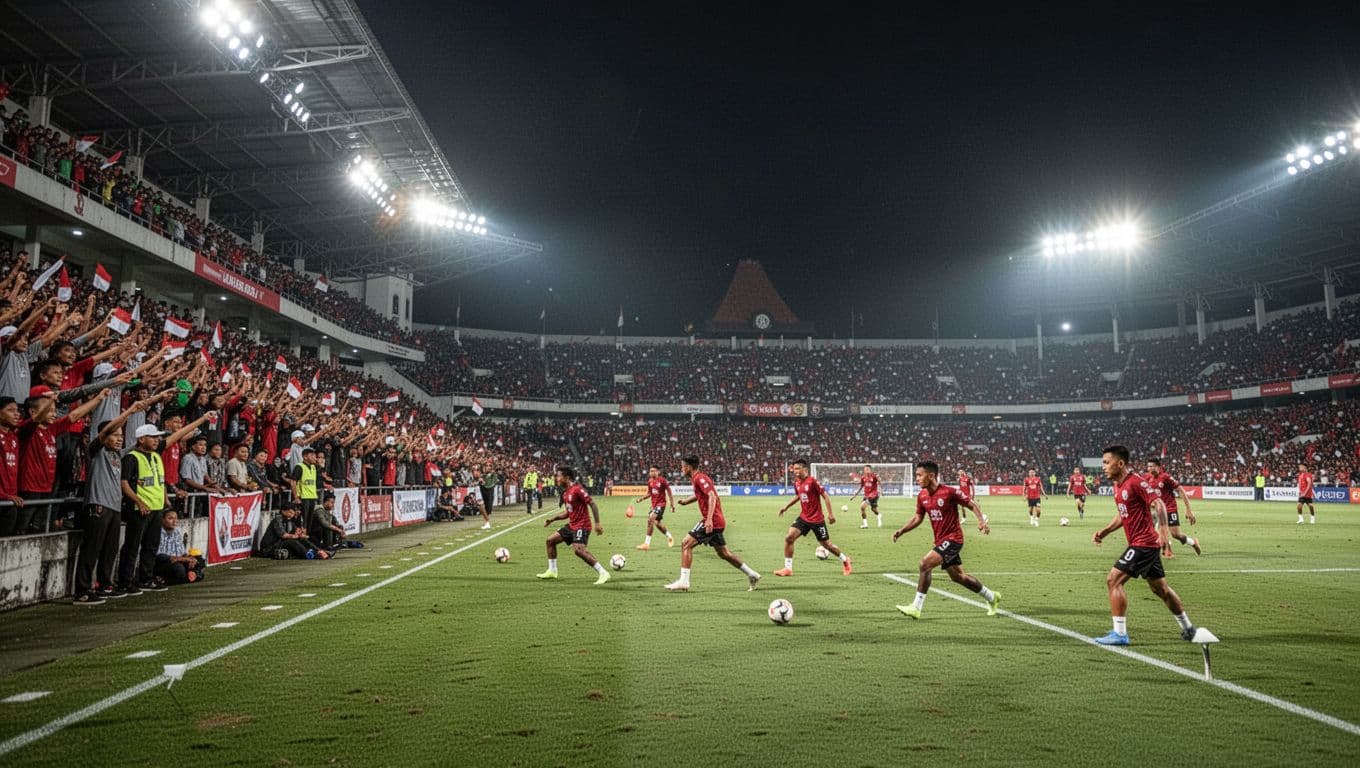 PSIM players train intensely on green field as Laskar Wong Alam supporters cheer from crowded stands under stadium lights.