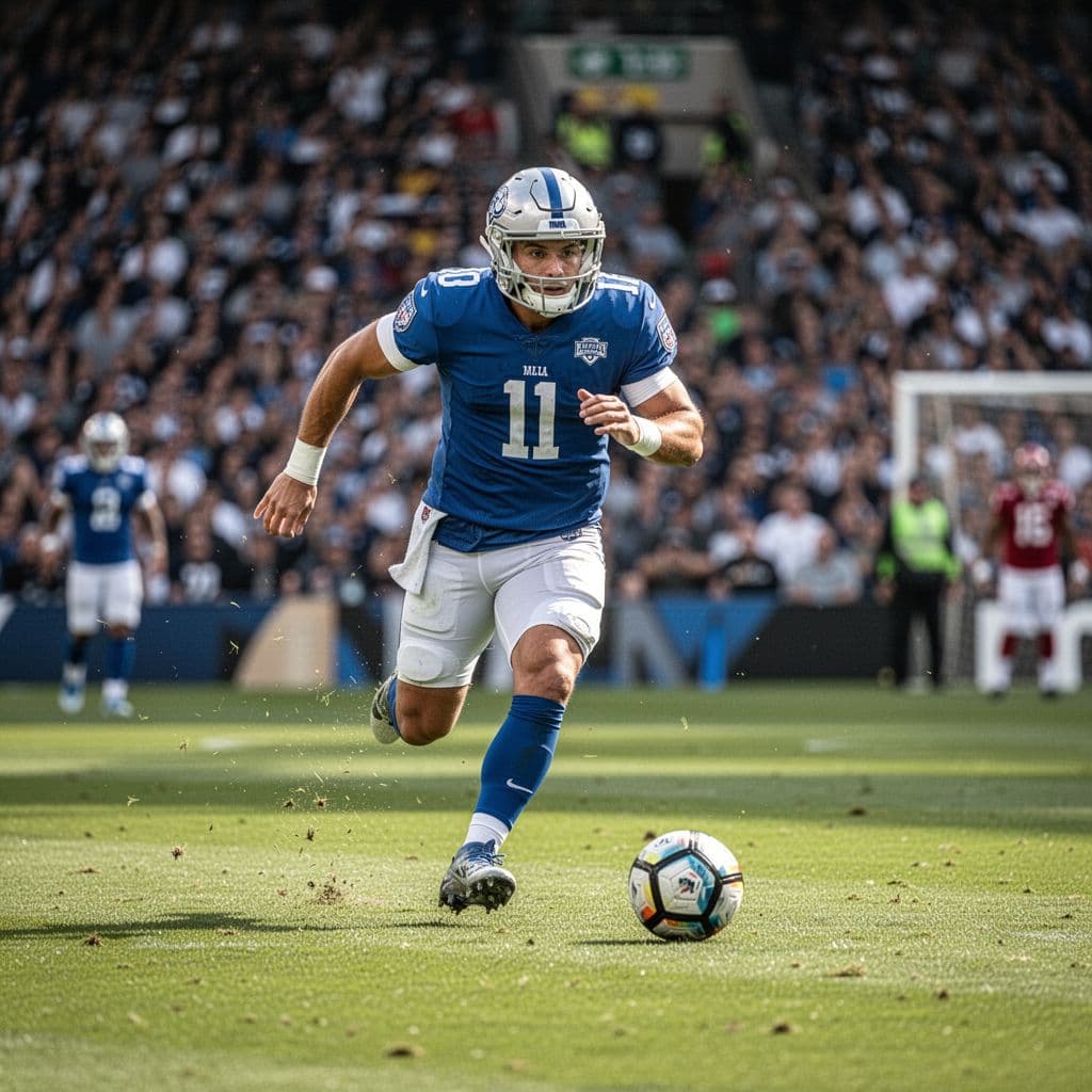A focused football player sprints across a well-maintained grass field during a sunny daytime match.