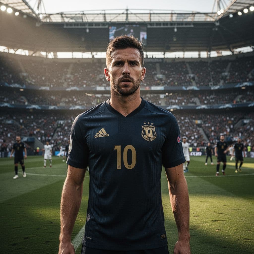 A football player stands on a professional pitch showing intense concentration during a competitive match.