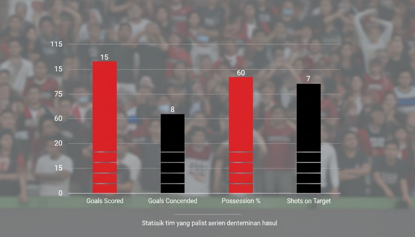 Bar chart shows PSM Makassar's goals scored, conceded, possession percentage, and shots on target with stadium crowd background.